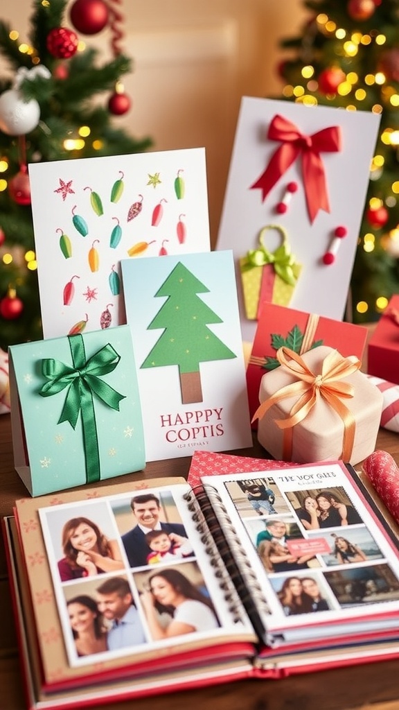 Creative Paper Christmas Gift Ideas Creative paper crafts for Christmas gifts including cards, wrapped presents, and a scrapbook in a festive setting.